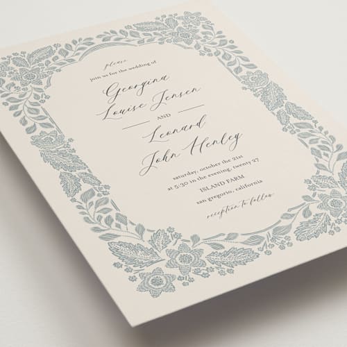 This is a dusty blue wedding invitations with standard by Jen Owens called embroidered printing on signature in grand