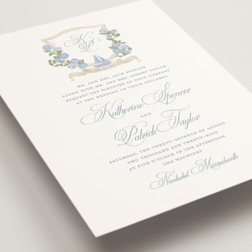 This is a ocean wedding invitations with standard by Creo Study called coastal crest printing on signature in grand