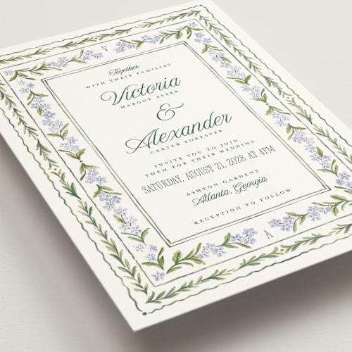 This is a wisteria wedding invitations with standard by Jenna Holcomb called vintage sketched printing on signature in grand
