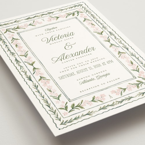 This is a peony wedding invitations with standard by Jenna Holcomb called vintage sketched printing on signature in grand