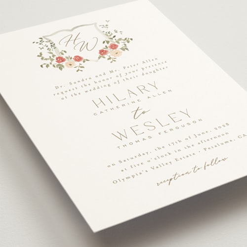 This is a pomegranate wedding invitations with standard by Everett Paper Goods called roses crest printing on signature in grand