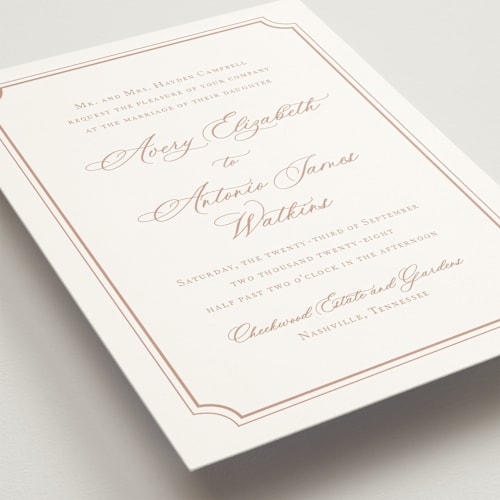 This is a dusty pink wedding invitations with standard by Jennifer Postorino called avery printing on signature in grand