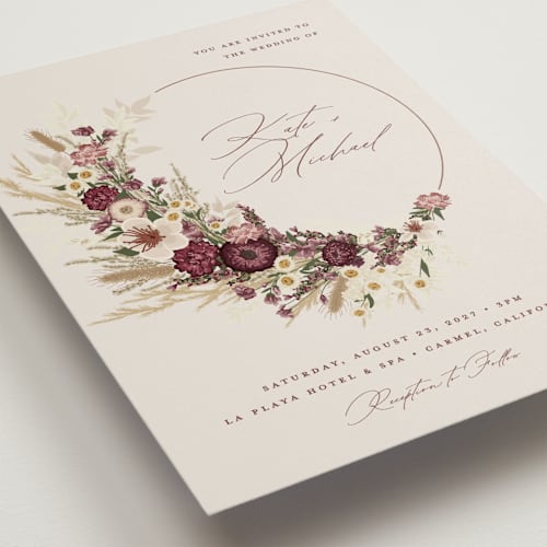 This is a cabernet wedding invitations with standard by Erin Deegan called dried floral wreath printing on signature in grand