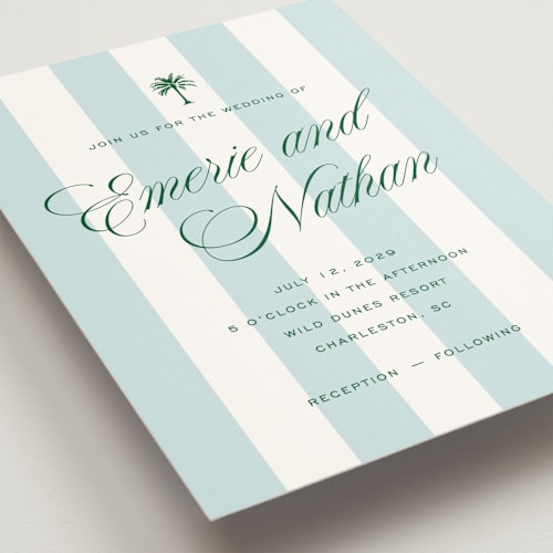 This is a low tide wedding invitations with standard by Susan Zinader called island palm printing on signature in grand