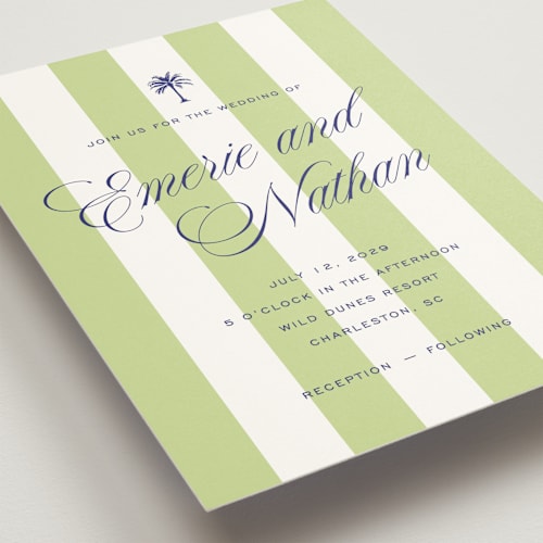 This is a key lime wedding invitations with standard by Susan Zinader called island palm printing on signature in grand