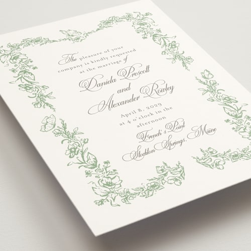 This is a mint wedding invitations with standard by Melinda Denison called romantic garden printing on signature in grand