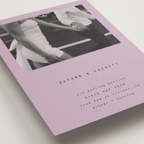 This is a lavender wedding invitations with standard by Blustery August called nonnette printing on signature in grand