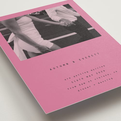 This is a fuchsia wedding invitations with standard by Blustery August called nonnette printing on signature in grand