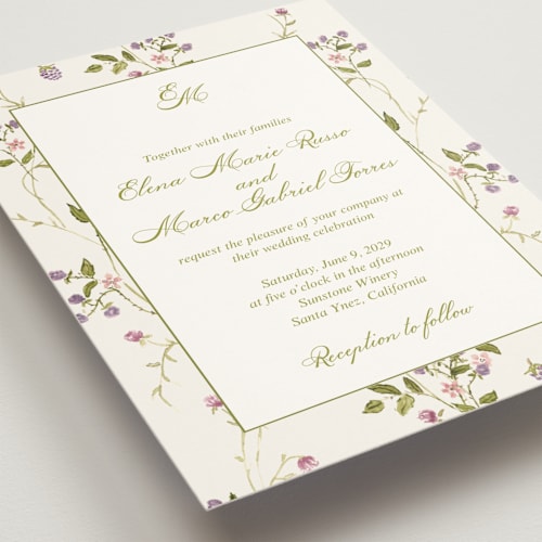 This is a cream wedding invitations with standard by Nicole Dragomir called wild berry watercolor printing on signature in grand