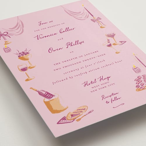 This is a mulberry wedding invitations with standard by Sarah Rosenthal called velvet cherry printing on signature in grand