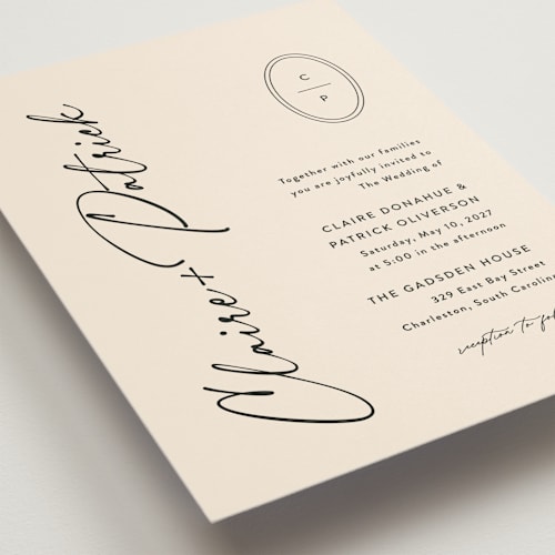 This is a sand wedding invitations with standard by Carolyn MacLaren called script and monogram printing on signature in grand