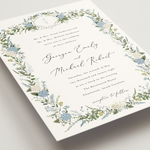 This is a coastal wedding invitations with standard by Susan Moyal called hydrangea vine printing on signature in grand