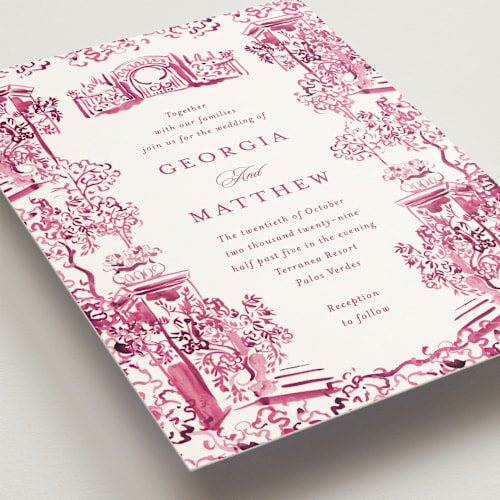 This is a fuchsia wedding invitations with standard by Becky Nimoy called gates and pillars printing on signature in grand