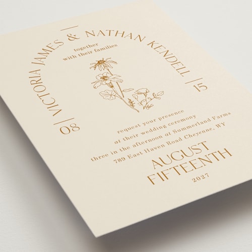 This is a cream wedding invitations with standard by Baumbirdy called floral type arch printing on signature in grand