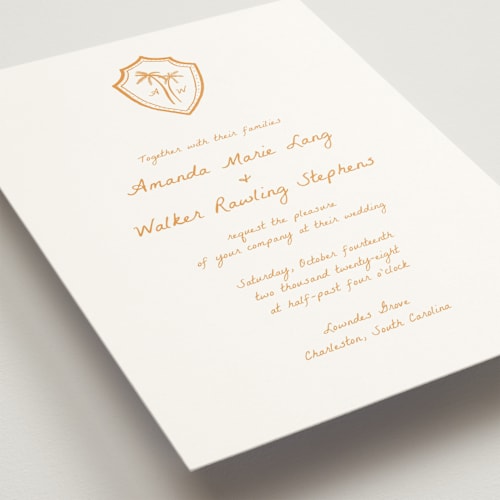 This is a mango wedding invitations with standard by Erika Firm called palm tree crest printing on signature in grand