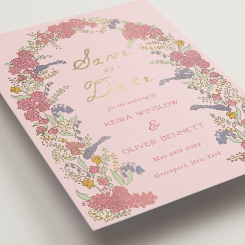 This is a tea rose foil stamped save the date cards with foil pressed by Sarah Rosenthal called evergold blooms printing on signature in grand