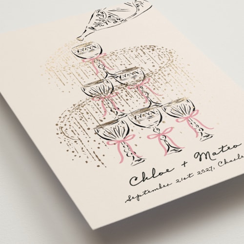 This is a petal foil stamped save the date cards with foil pressed by Jackie Crawford called sparkling champagne tower printing on signature in grand