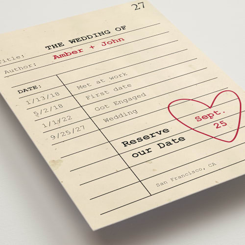 This is a red hot save the date with standard by Ilene Guy called reserve our date printing on signature in grand