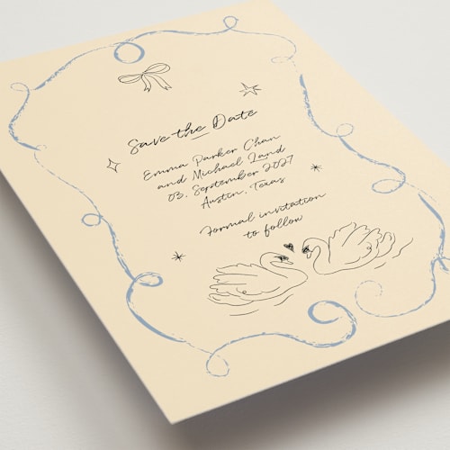 This is a dream save the date with standard by Helena Vitto called the swan printing on signature in grand