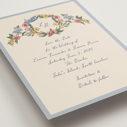 This is a cornflower save the date with standard by Chris Griffith called a wedding in low country printing on signature in grand