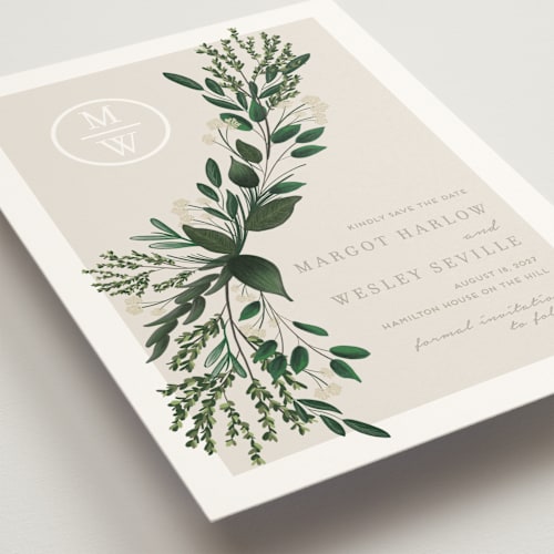 This is a taupe save the date with standard by Kaydi Bishop called watermark printing on signature in grand