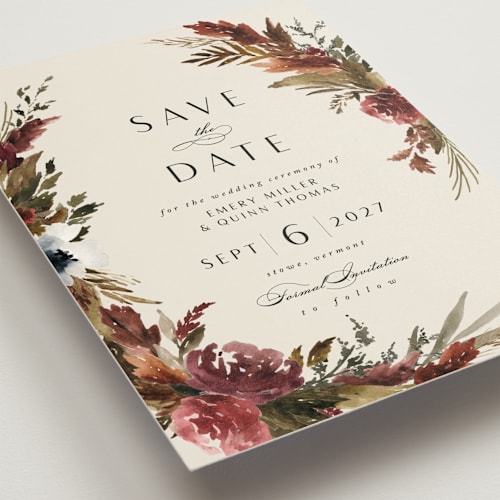 This is a autumn save the date with standard by Kate Ahn called poetique printing on signature in grand
