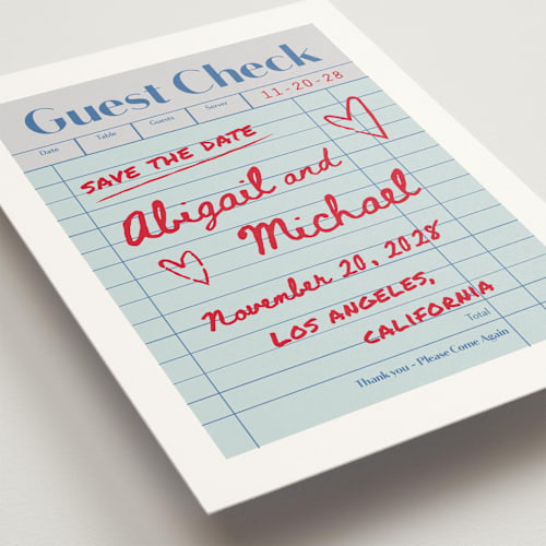 This is a mint save the date with standard by Jennifer Lew called guest check printing on signature in grand