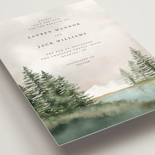 This is a forest save the date with standard by Petra Kern called montagna printing on signature in grand