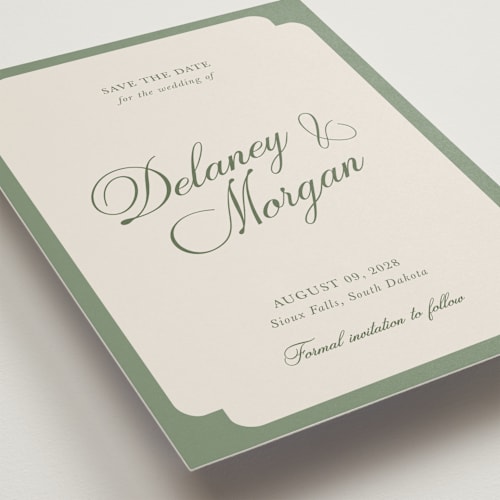 This is a olive save the date with standard by Cass Loh called classic bold border printing on signature in grand