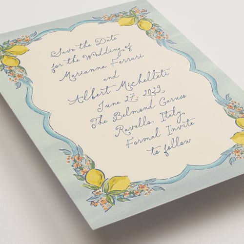 This is a aqua save the date with standard by Chris Griffith called amalfi coast wedding printing on signature in grand