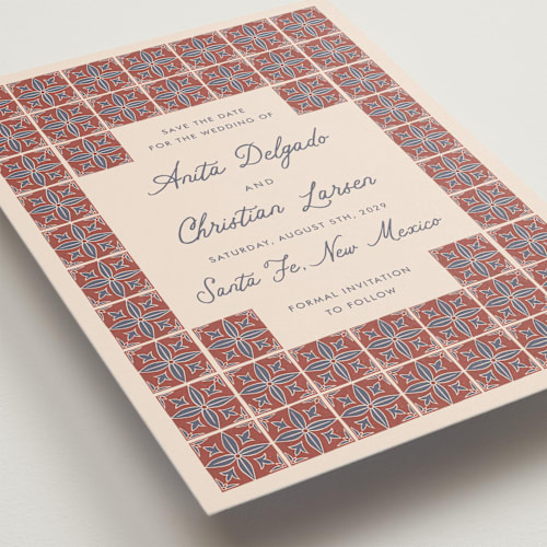 This is a terracotta save the date with standard by Katharine Watson called block print tile printing on signature in grand