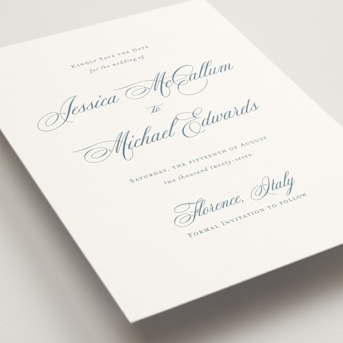 This is a dusty blue save the date with standard by Jennifer Postorino called empire printing on signature in grand