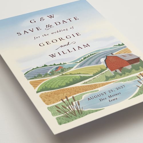 This is a sky blue save the date with standard by Paper Sun Studio called farm and field printing on signature in grand