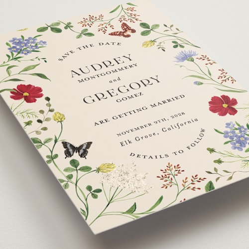 This is a elder flower save the date with standard by Sarah Knight called wild meadow printing on signature in grand