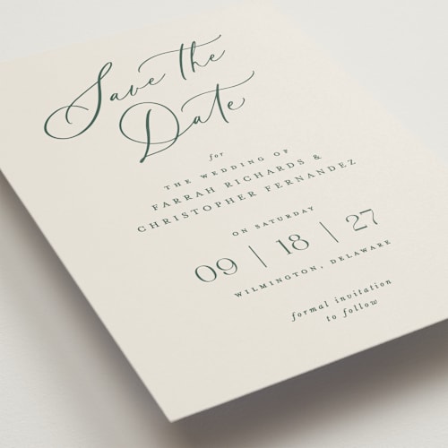 This is a evergreen save the date with standard by Hooray Creative called beautifully scripted printing on signature in grand