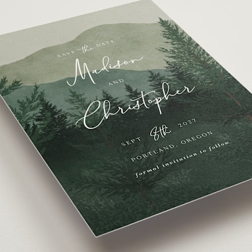 This is a jade save the date with standard by Elly called the forest printing on signature in grand