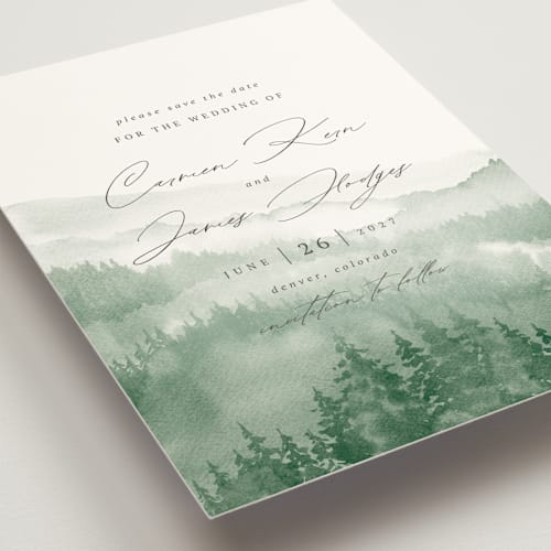This is a fern save the date with standard by Helen Halik called over the mountains printing on signature in grand