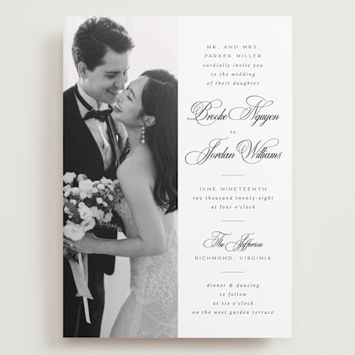 This is a tuxedo wedding invitations with standard by Orasie called side by side printing on recycled smooth signature in grand