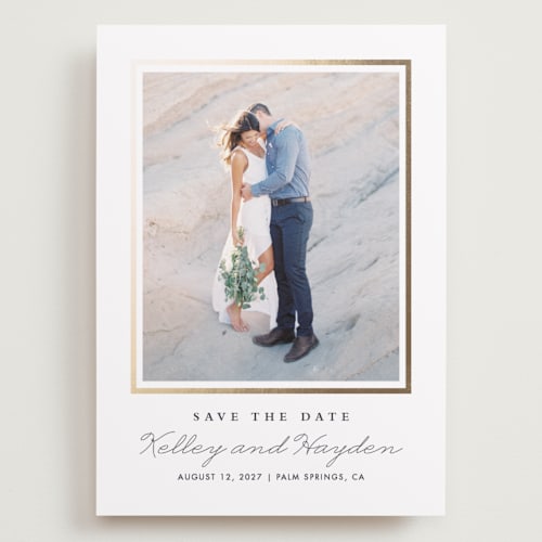 This is a sunshine foil stamped save the date cards with foil pressed by Stacey Meacham called classic printing on recycled smooth signature in grand