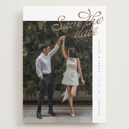 This is a pearl foil stamped save the date cards with foil pressed by Chryssi Tsoupanarias called swirling printing on recycled smooth signature in grand