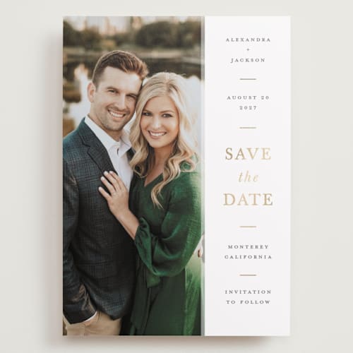 This is a chiffon foil stamped save the date cards with foil pressed by Ashley Rosenbaum called effortless printing on recycled smooth signature in grand