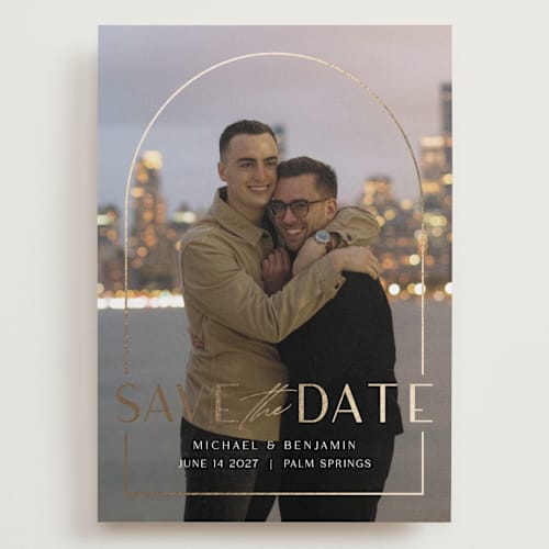 This is a cloud foil stamped save the date cards with foil pressed by silverscreen studio called deco arch printing on recycled smooth signature in grand