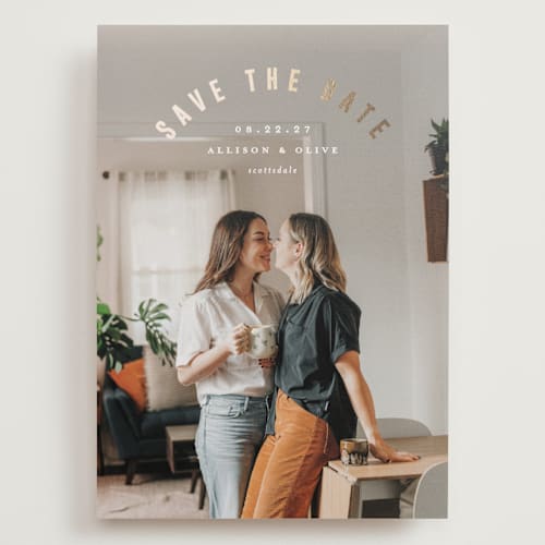 This is a twinkle foil stamped save the date cards with foil pressed by Pixel and Hank called horizon printing on recycled smooth signature in grand