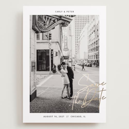 This is a midnight foil stamped save the date cards with foil pressed by Inkblot Design called metro printing on recycled smooth signature in grand