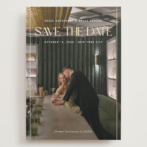 This is a cloud foil stamped save the date cards with foil pressed by Paula Pecevich called cover editorial printing on recycled smooth signature in grand