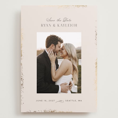 This is a pearl foil stamped save the date cards with foil pressed by Itsy Belle Studio called gilde edge printing on recycled smooth signature in grand