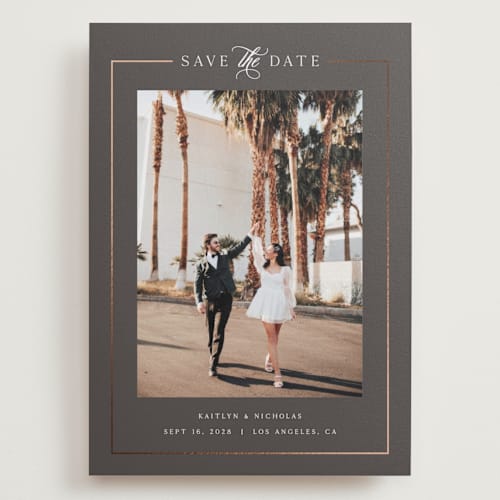 This is a graphite foil stamped save the date cards with foil pressed by Melanie Kosuge called mulholland printing on recycled smooth signature in grand