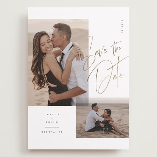 This is a ink foil stamped save the date cards with foil pressed by Kristie Kern called flirt printing on recycled smooth signature in grand