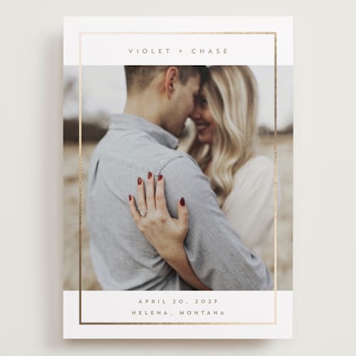 This is a latte foil stamped save the date cards with foil pressed by Rebecca Durflinger called contempo frame printing on recycled smooth signature in grand