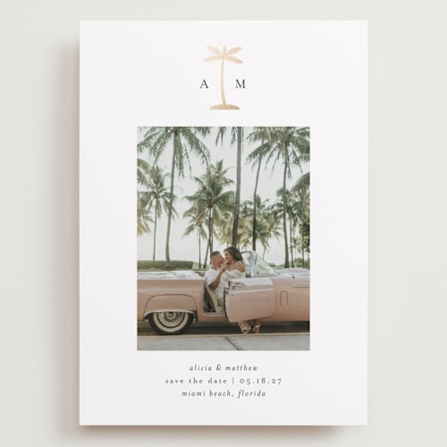This is a coconut foil stamped save the date cards with foil pressed by Heather Schertzer called palm tree printing on recycled smooth signature in grand